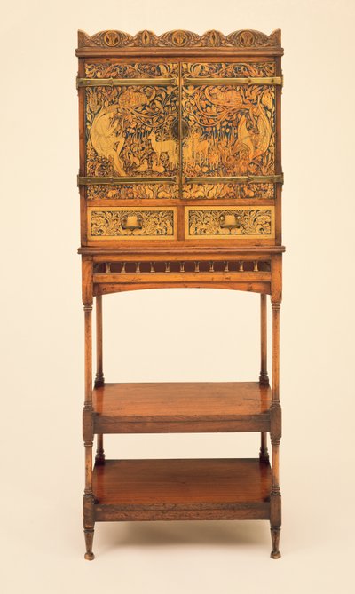 Music Cabinet and Stand with Wax Inlaid Scene of Orpheus Charming the Animals by William and Sumner Benson